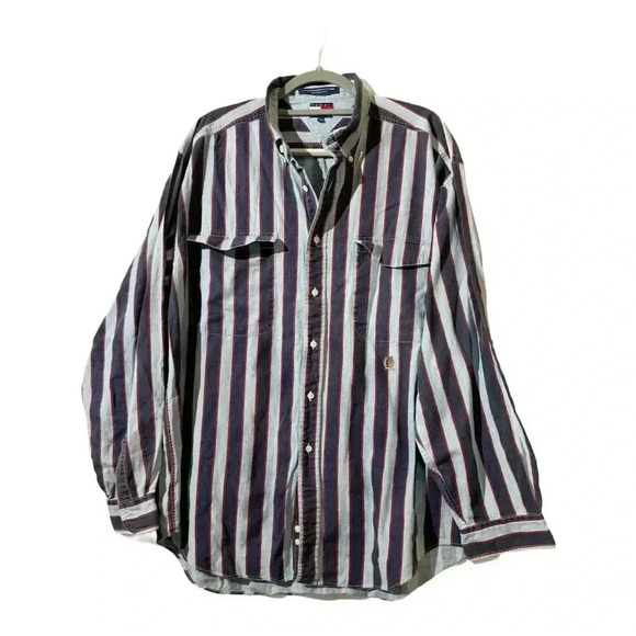 Tommy Hilfiger Mens XL VTG Y2K Crest Striped Button Shirt Multicolor Old Money - Picture 1 of 11